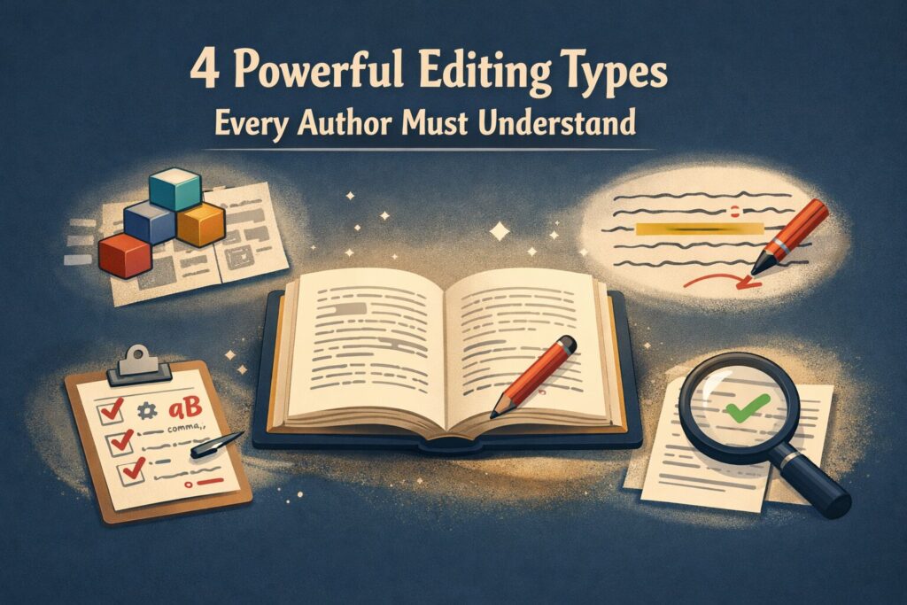 What is the difference between developmental, line, copy, and proofreading edits